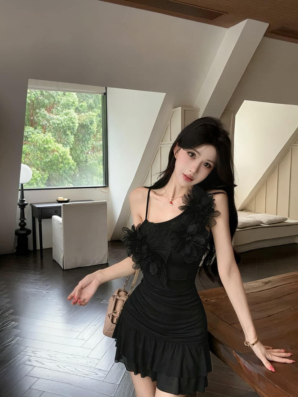 실사 섹시함 망사 꽃 패치워크 슬립 드레스 상세 이미지 7