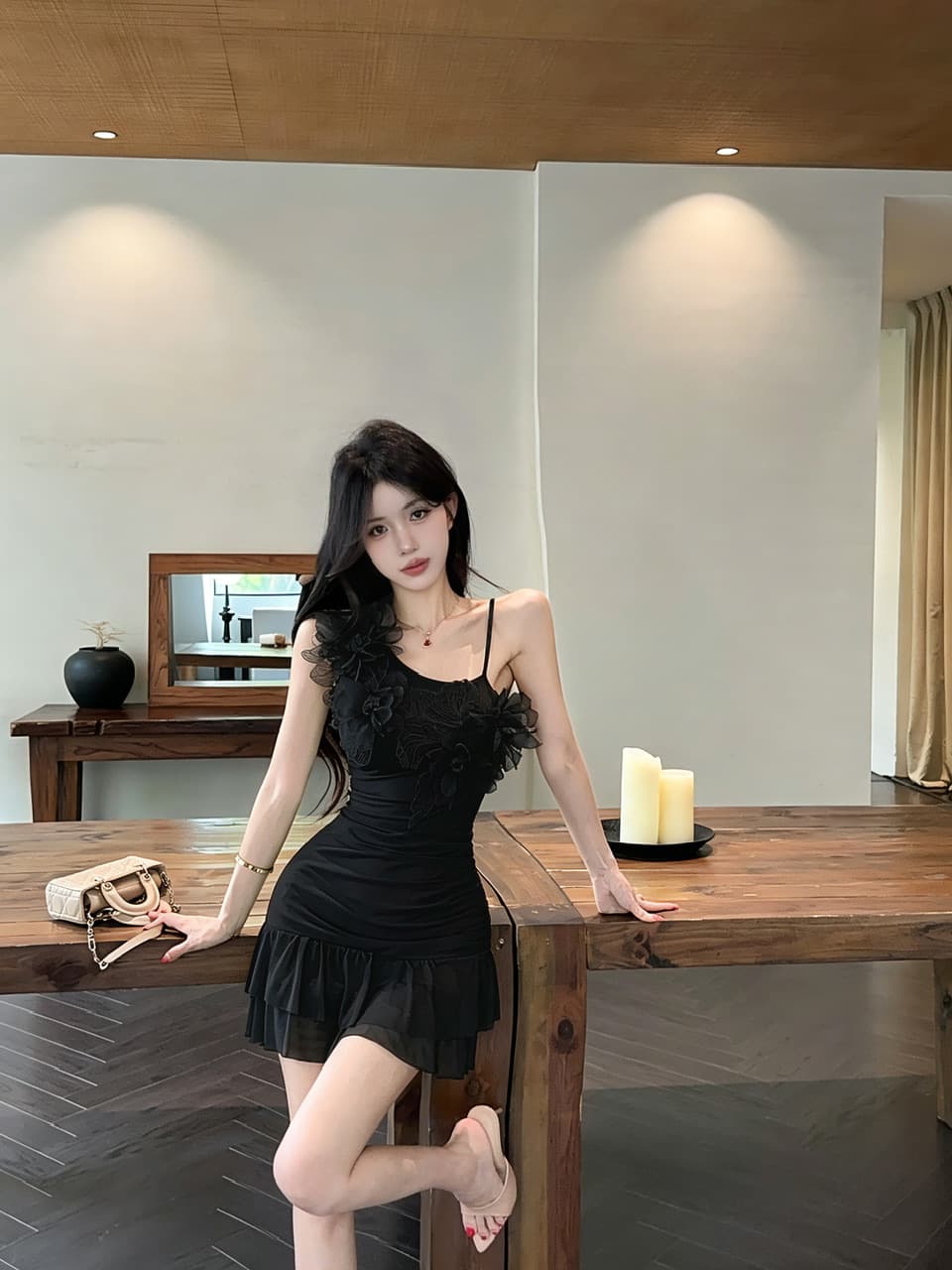 실사 섹시함 망사 꽃 패치워크 슬립 드레스 상세 이미지 8