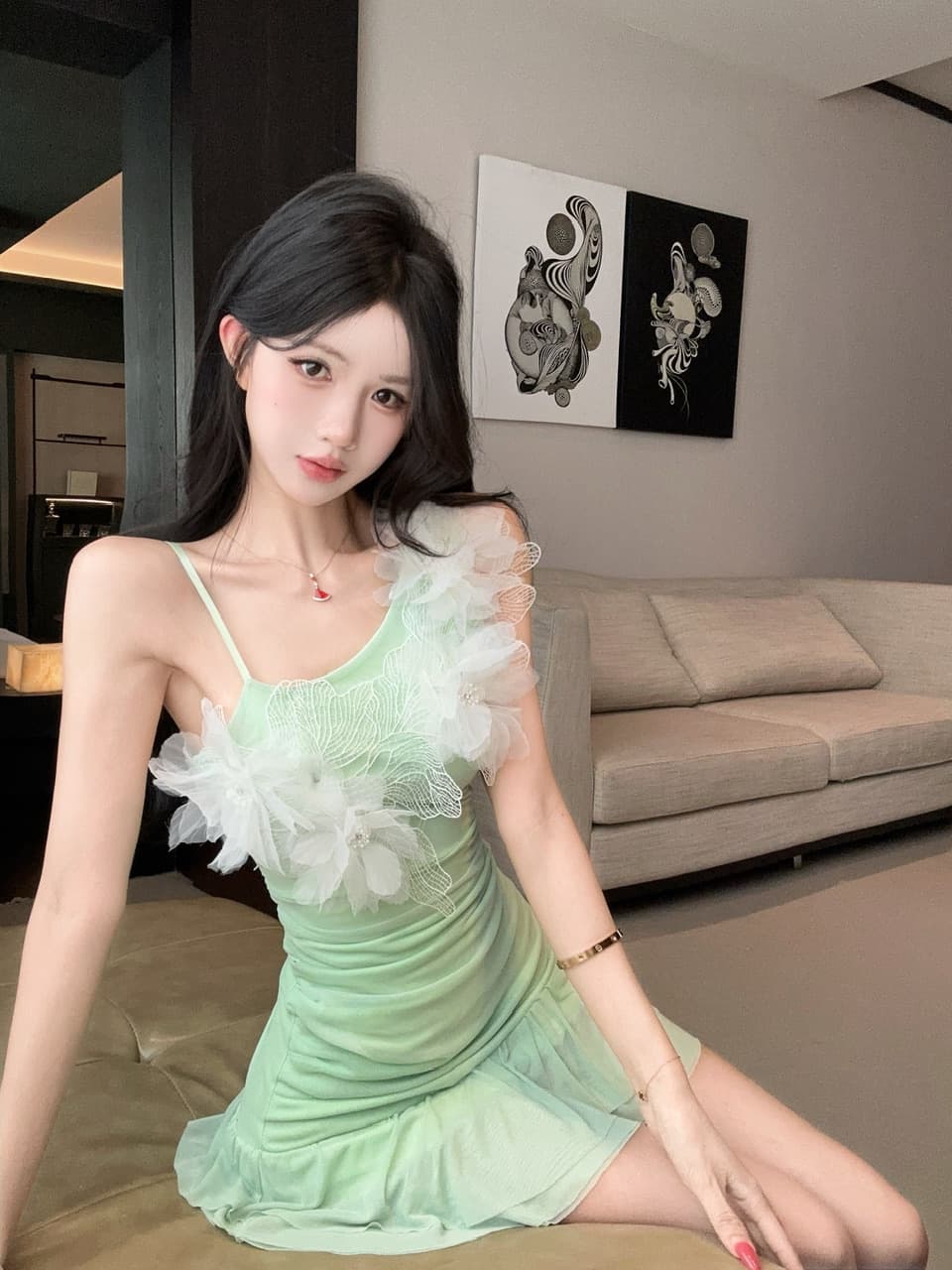실사 섹시함 망사 꽃 패치워크 슬립 드레스 상세 이미지 12