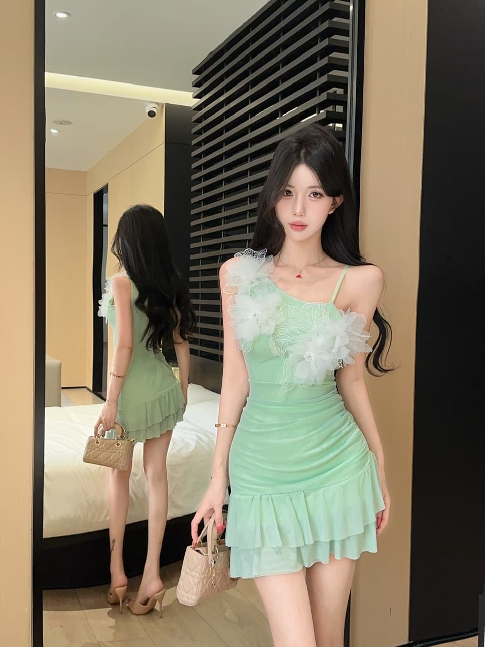 실사 섹시함 망사 꽃 패치워크 슬립 드레스 상세 이미지 13