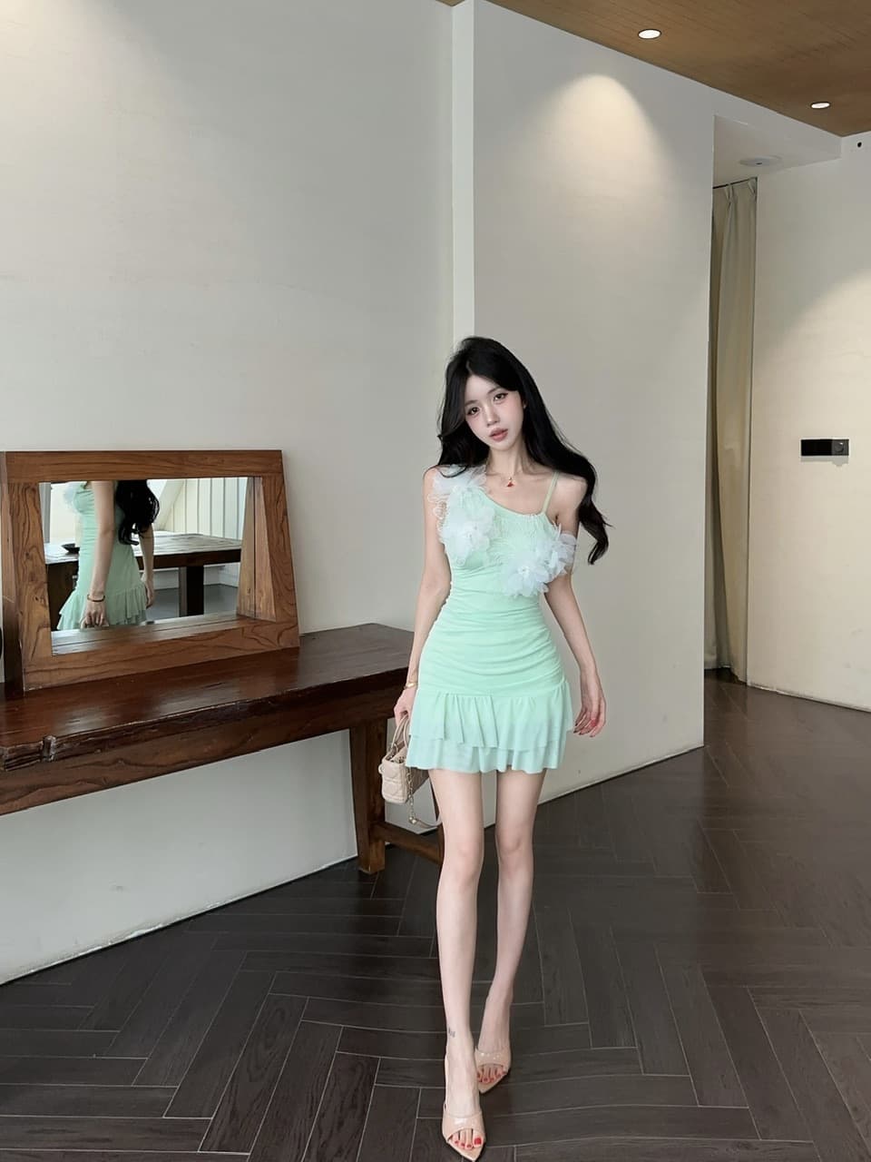 실사 섹시함 망사 꽃 패치워크 슬립 드레스 상세 이미지 16