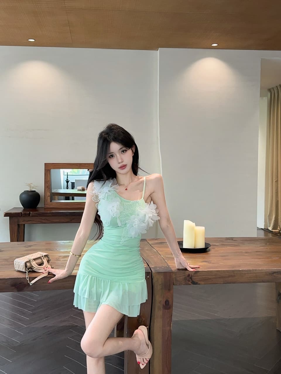실사 섹시함 망사 꽃 패치워크 슬립 드레스 상세 이미지 19
