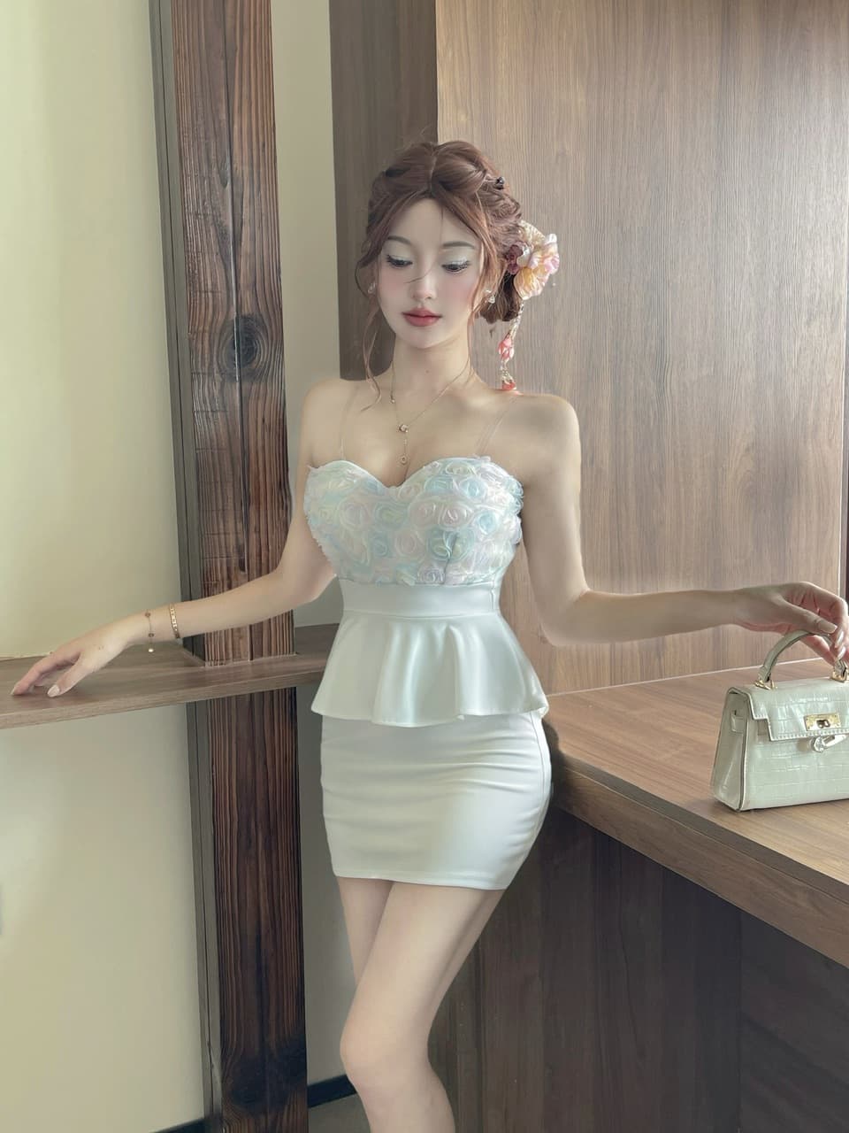 실사 섹시함 튜브탑 꽃 패치워크 타이트 스커트 드레스 복장 상세 이미지 6