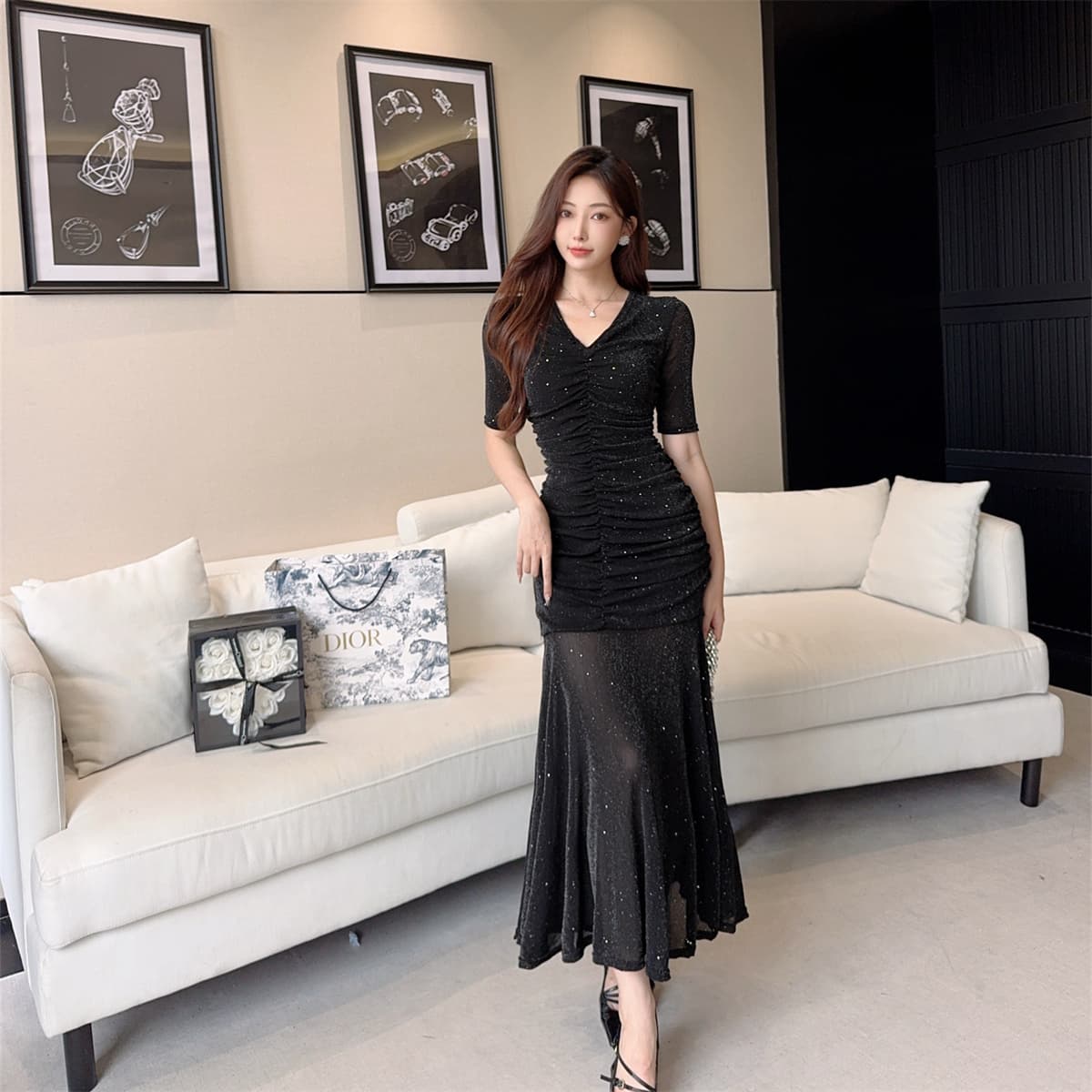 실사 광택 실 망사 몸매 가꾸기 드레스 새로운 깊은 v 섹시함 타이트 스커트 명문 여성 품격 작은 드레스 이미지 3