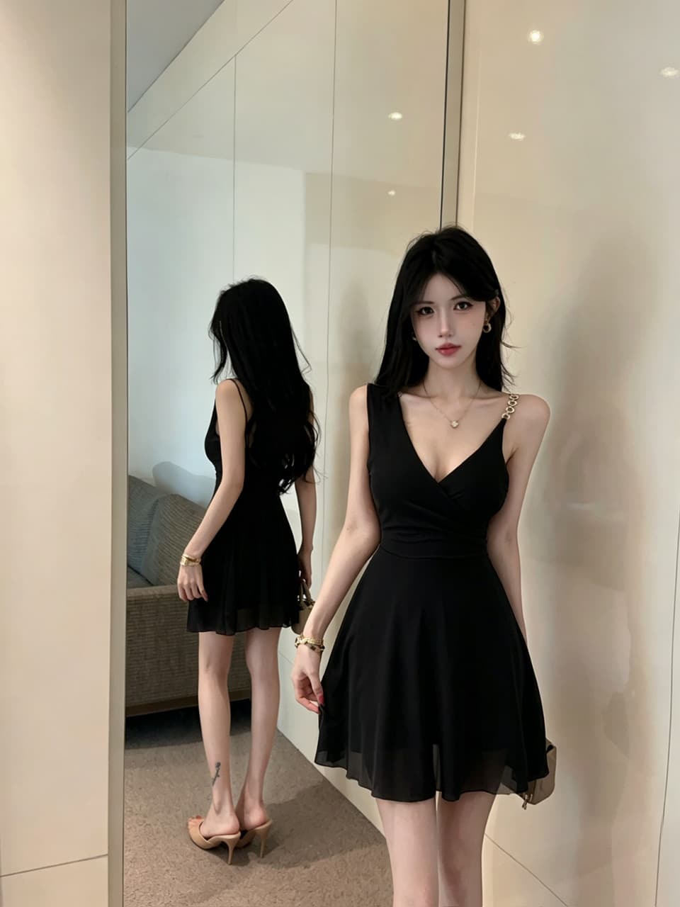 실사 섹시함 망사 허리 수축 큰 진자 슬립 드레스 이미지 2