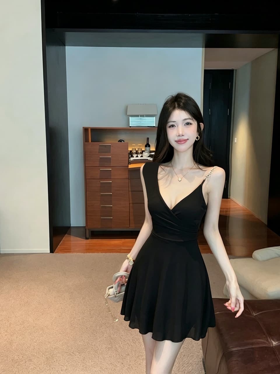 실사 섹시함 망사 허리 수축 큰 진자 슬립 드레스 상세 이미지 3