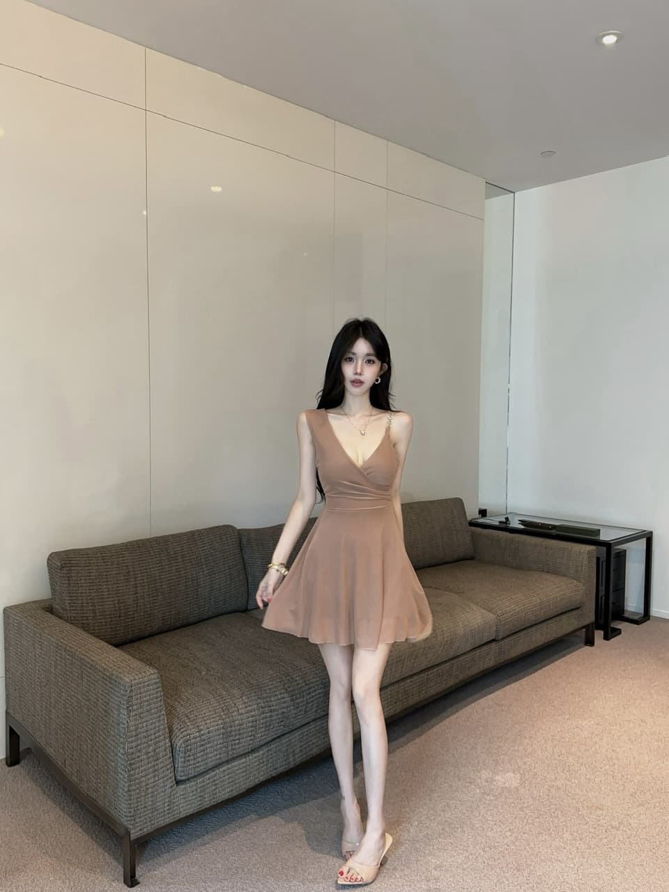 실사 섹시함 망사 허리 수축 큰 진자 슬립 드레스 상세 이미지 7