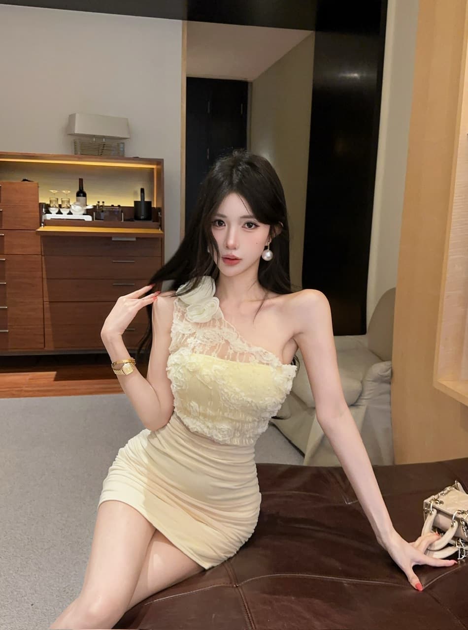 실사 섹시함 레이스 비스듬한 어깨 타이트 스커트 쇼트 스타일 드레스 복장 상세 이미지 1