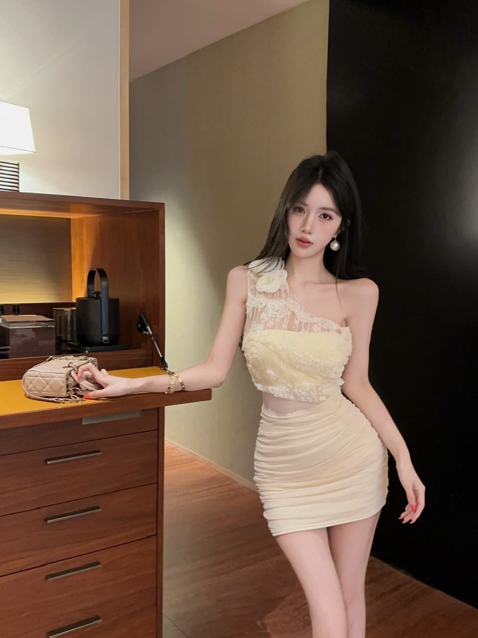 실사 섹시함 레이스 비스듬한 어깨 타이트 스커트 쇼트 스타일 드레스 복장 상세 이미지 6
