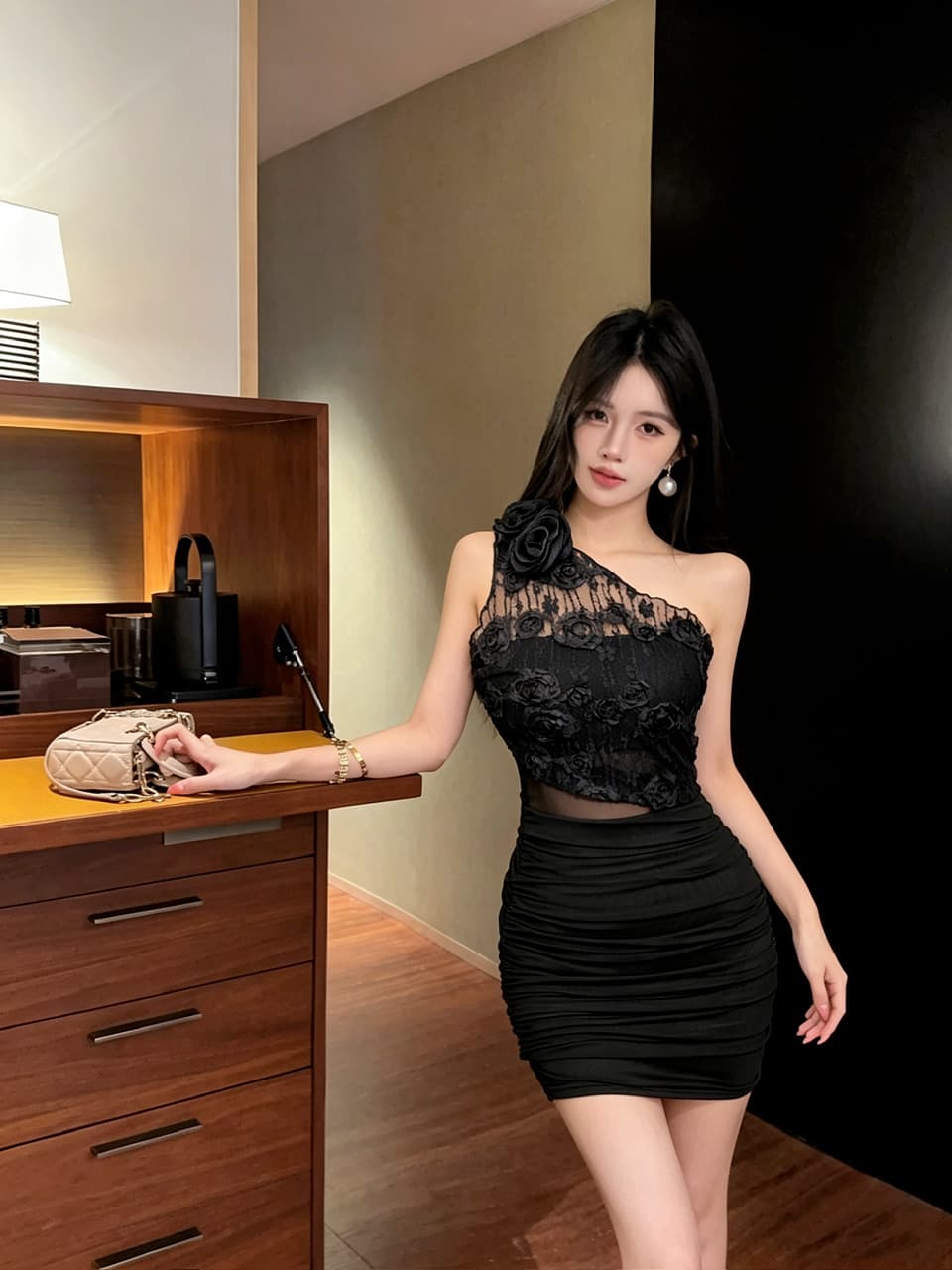 실사 섹시함 레이스 비스듬한 어깨 타이트 스커트 쇼트 스타일 드레스 복장 상세 이미지 12