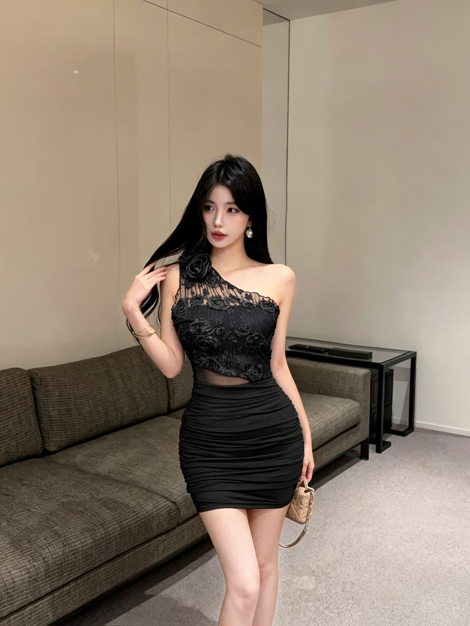 실사 섹시함 레이스 비스듬한 어깨 타이트 스커트 쇼트 스타일 드레스 복장 상세 이미지 14