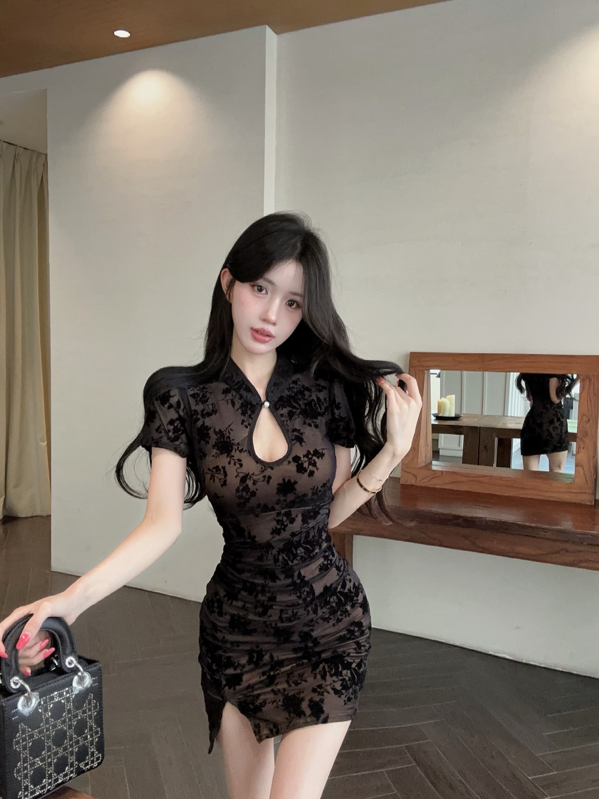 실사 섹시함 망사 패치워크 타이트 스커트 드레스 복장 이미지 3