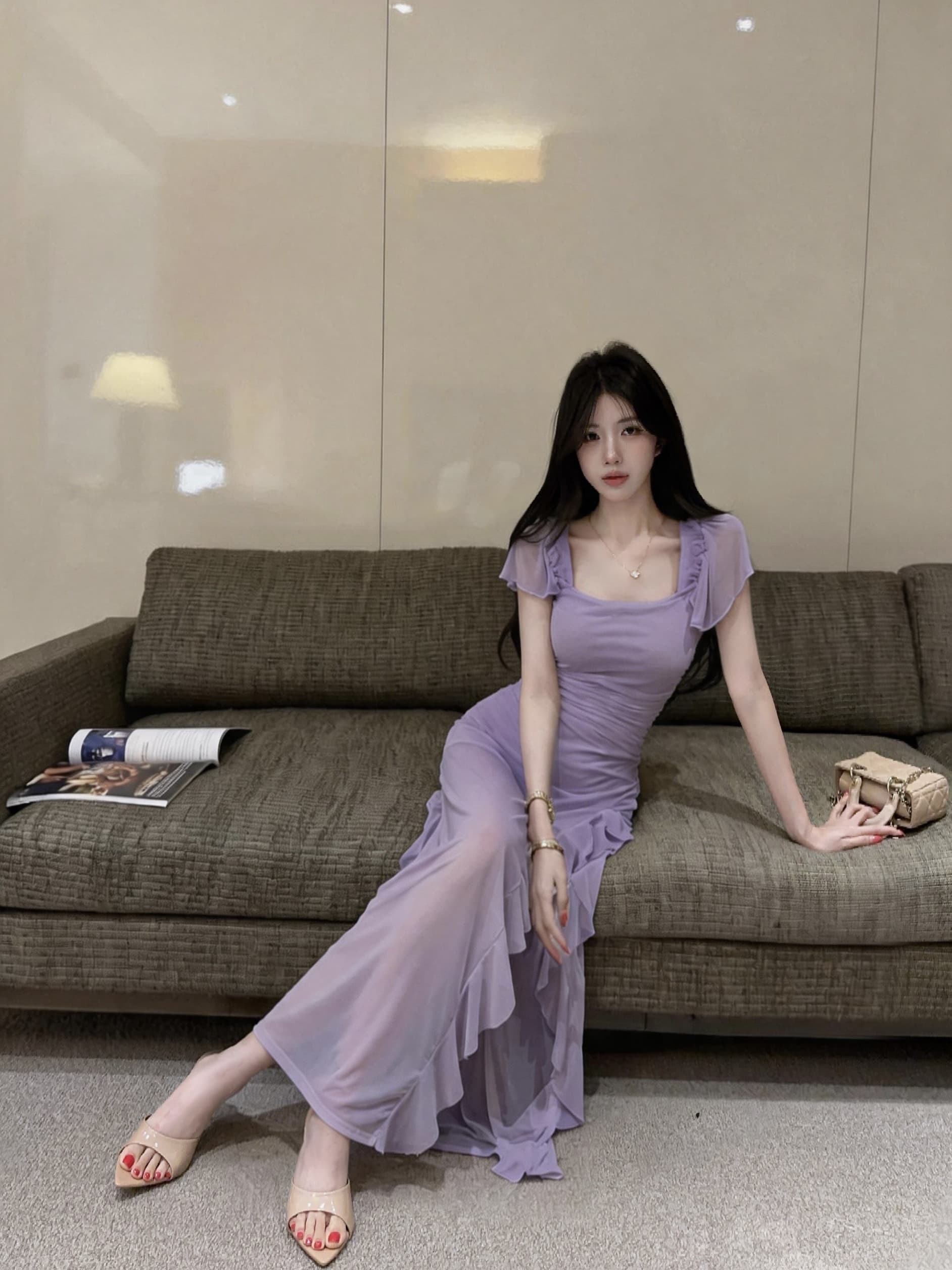 실사 섹시함 망사 롱 코트 반팔 드레스 상세 이미지 20