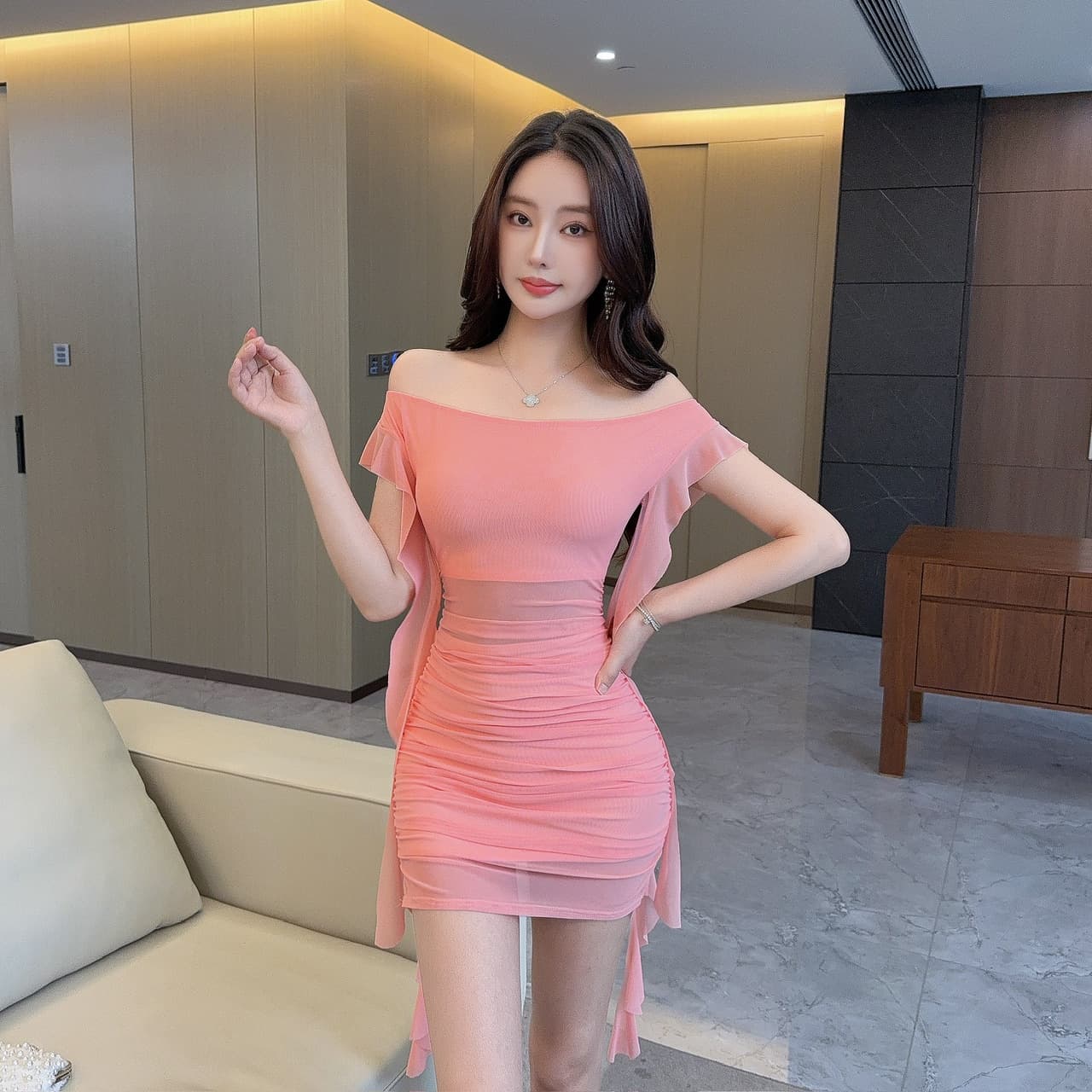 실사 섹시함 낮은 가슴 쇼트 스타일 술 패치워크 망사 드레스 상세 이미지 12