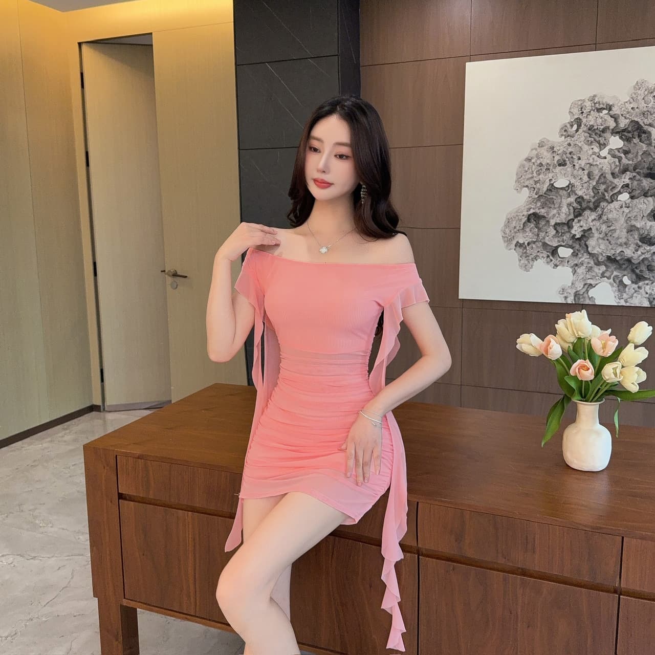 실사 섹시함 낮은 가슴 쇼트 스타일 술 패치워크 망사 드레스 상세 이미지 14