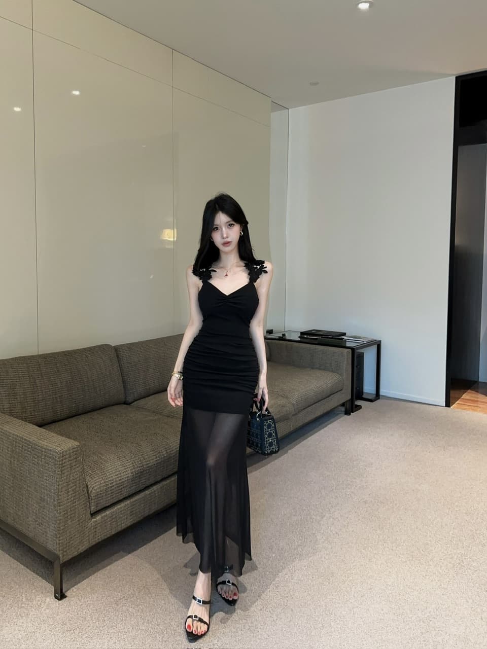 실사 섹시함 망사 롱 코트 드레스 상세 이미지 4
