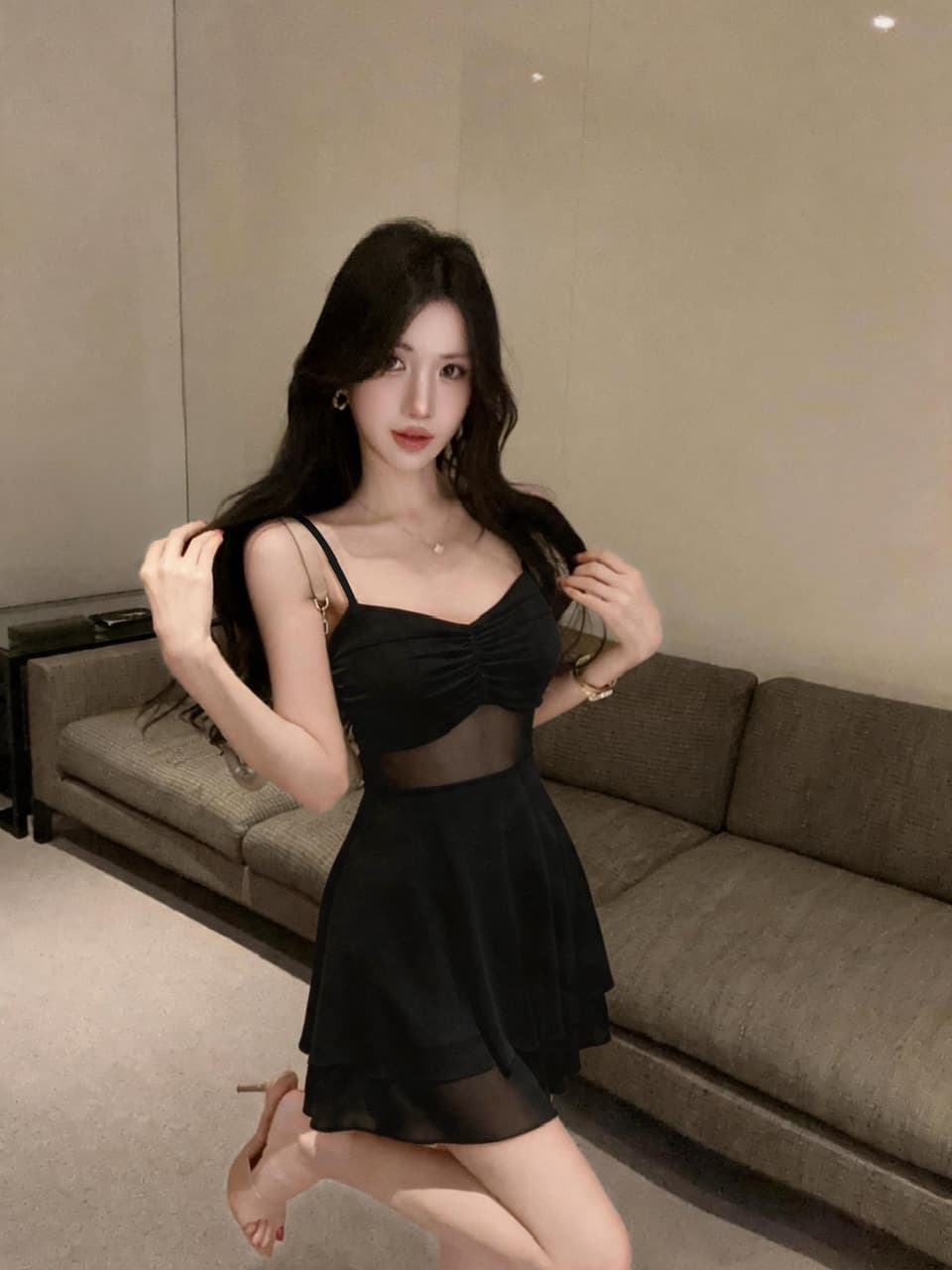 실사 섹시함 낮은 가슴 망사 쇼트 스타일 큰 진자 다중 레이어 타이트 드레스 상세 이미지 6