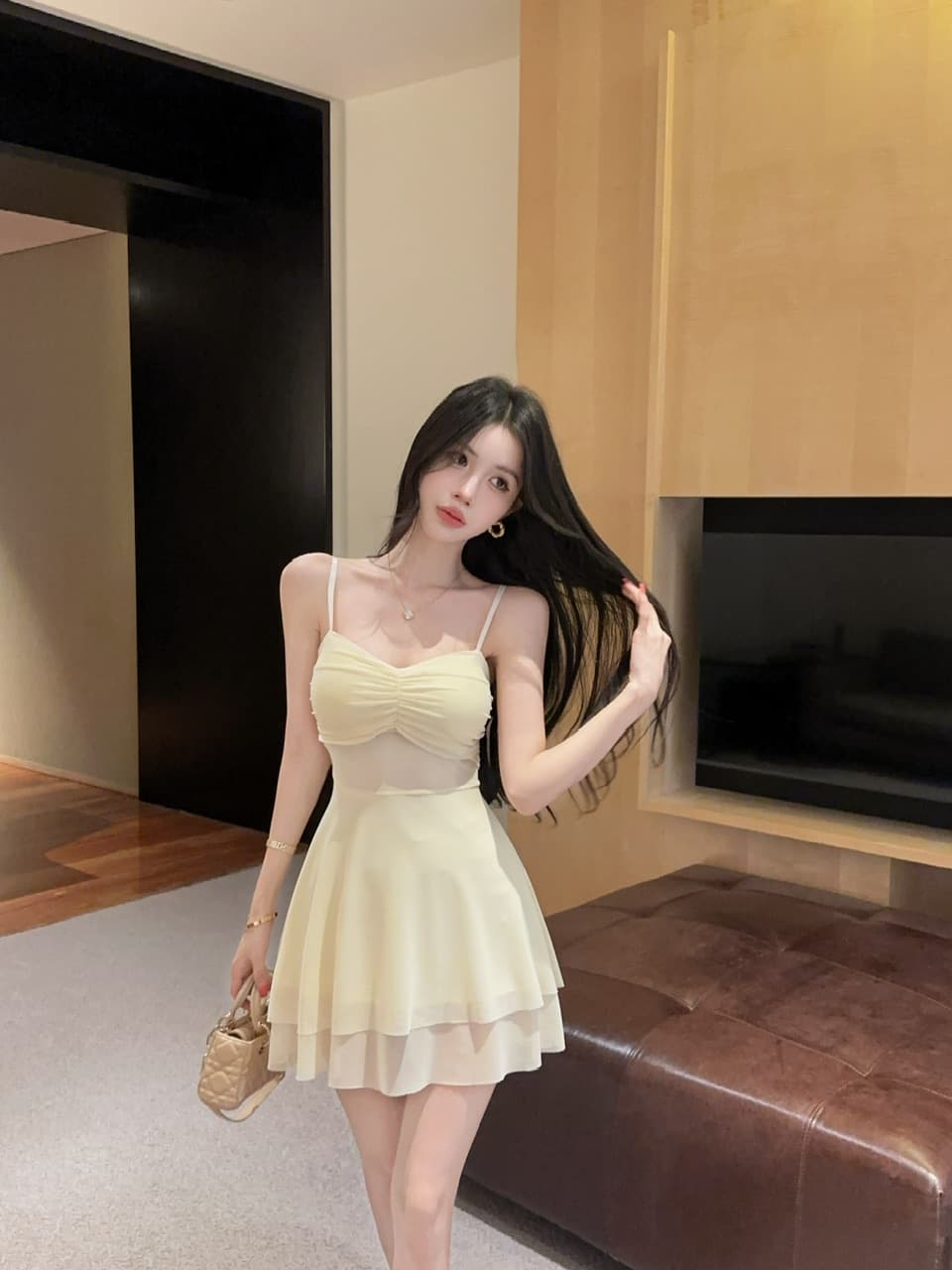 실사 섹시함 낮은 가슴 망사 쇼트 스타일 큰 진자 다중 레이어 타이트 드레스 상세 이미지 16