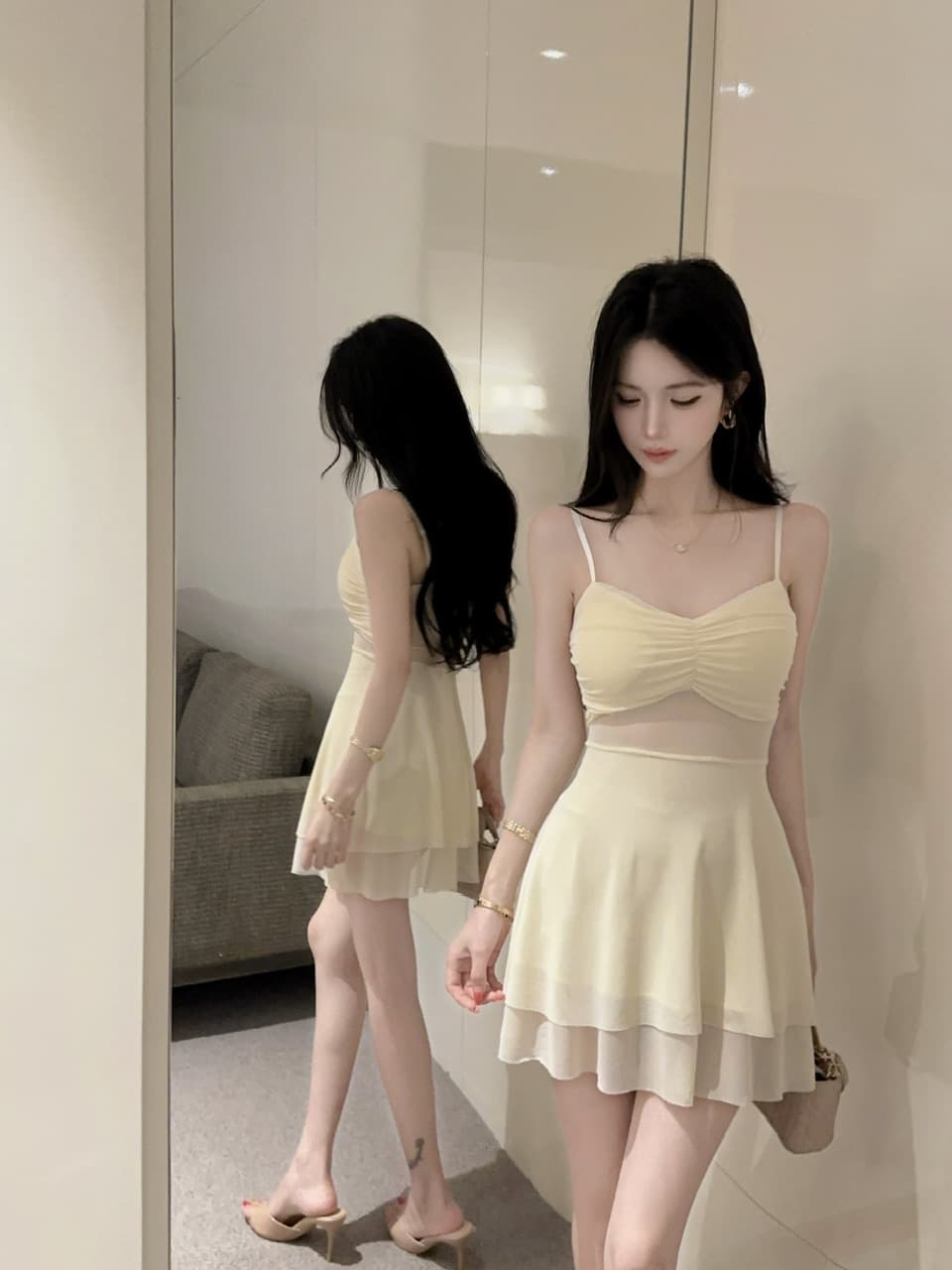 실사 섹시함 낮은 가슴 망사 쇼트 스타일 큰 진자 다중 레이어 타이트 드레스 상세 이미지 18