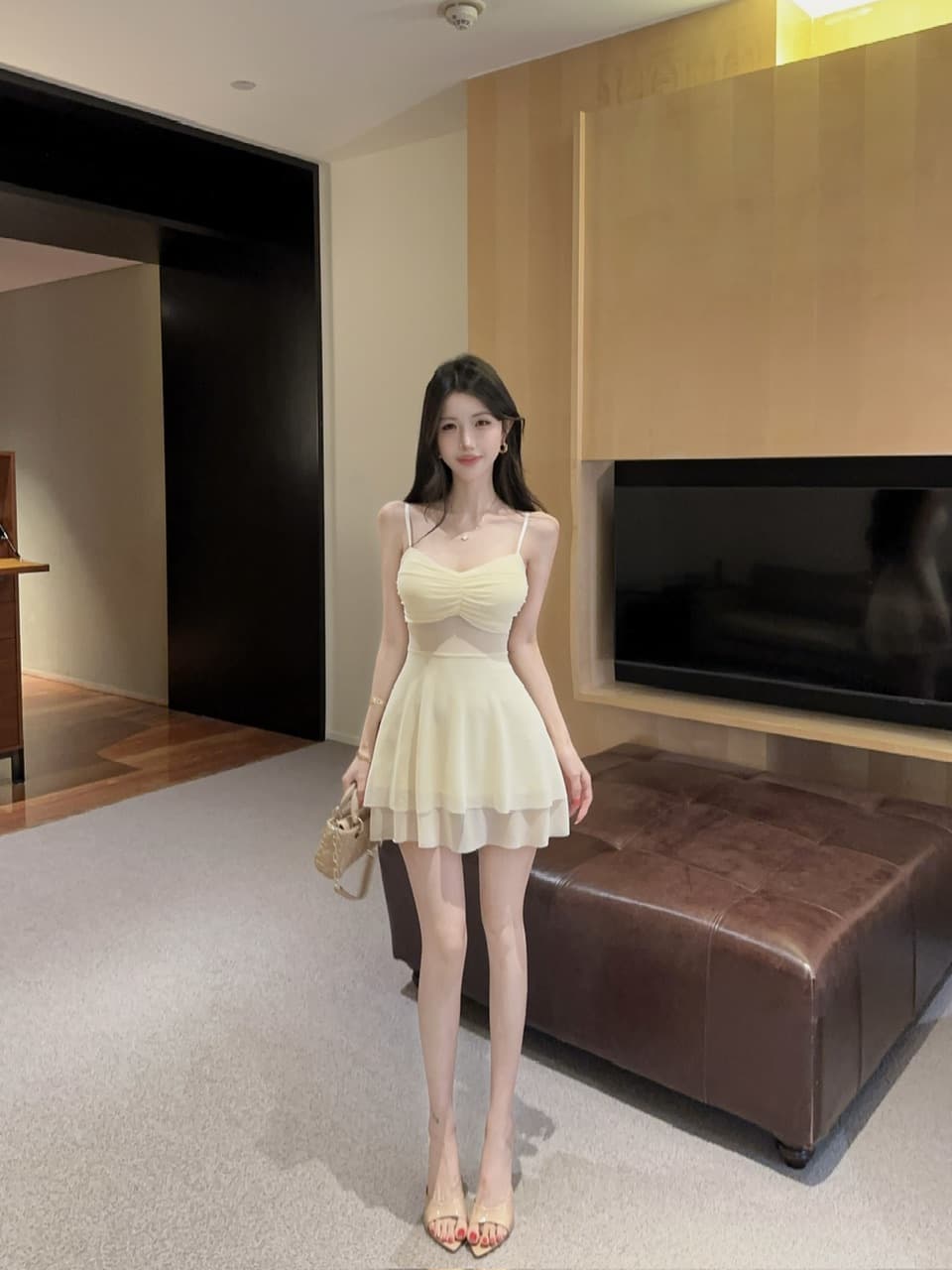 실사 섹시함 낮은 가슴 망사 쇼트 스타일 큰 진자 다중 레이어 타이트 드레스 상세 이미지 22