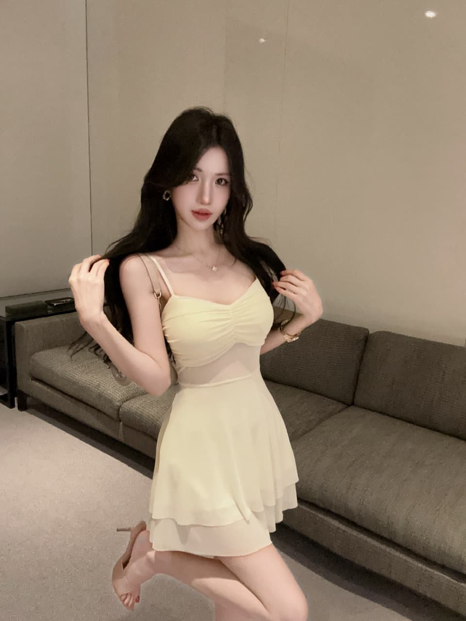 실사 섹시함 낮은 가슴 망사 쇼트 스타일 큰 진자 다중 레이어 타이트 드레스 상세 이미지 23