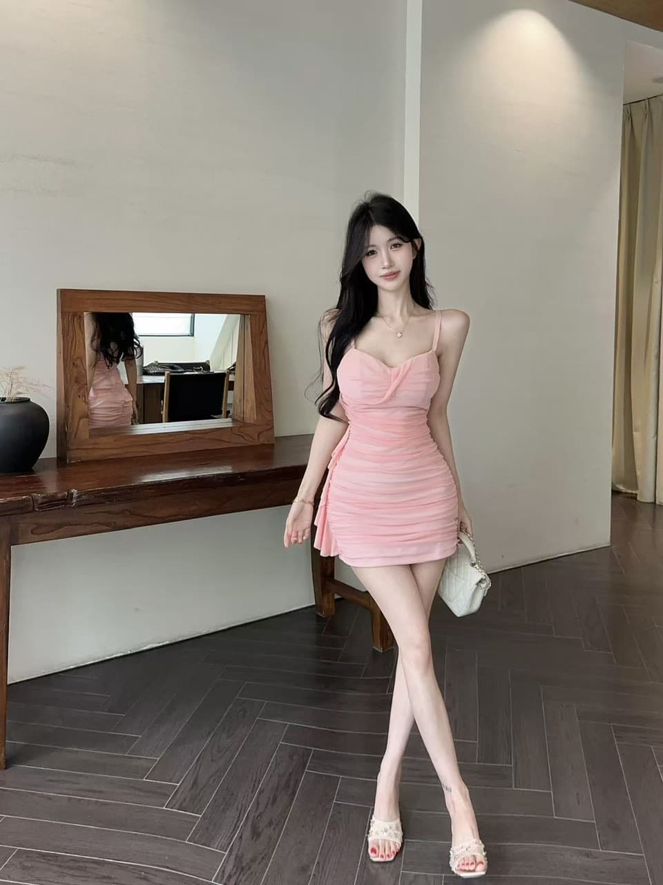 실사 섹시함 낮은 가슴 쇼트 스타일 망사 슬립 드레스 상세 이미지 3