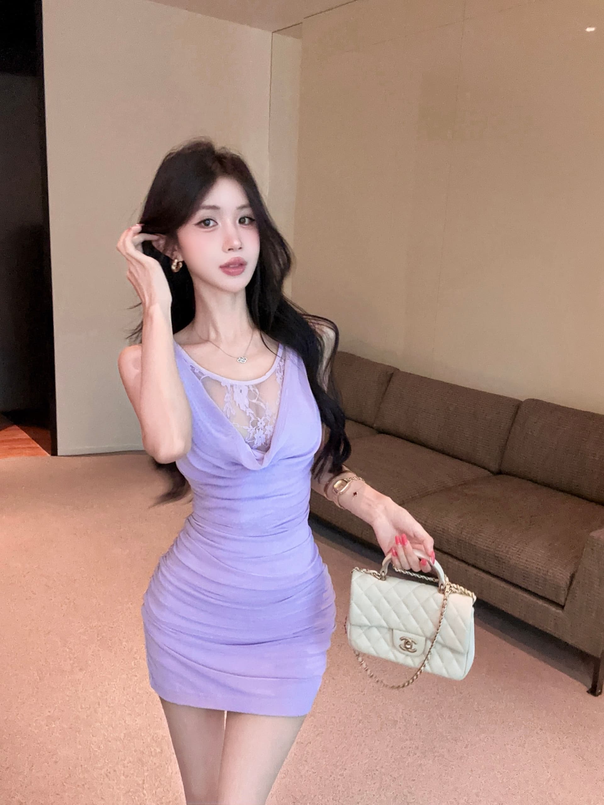 실사 섹시함 순수한 욕망 핫걸 망사 패치워크 주름 장식 슬림해 보이는 드레스 상세 이미지 7