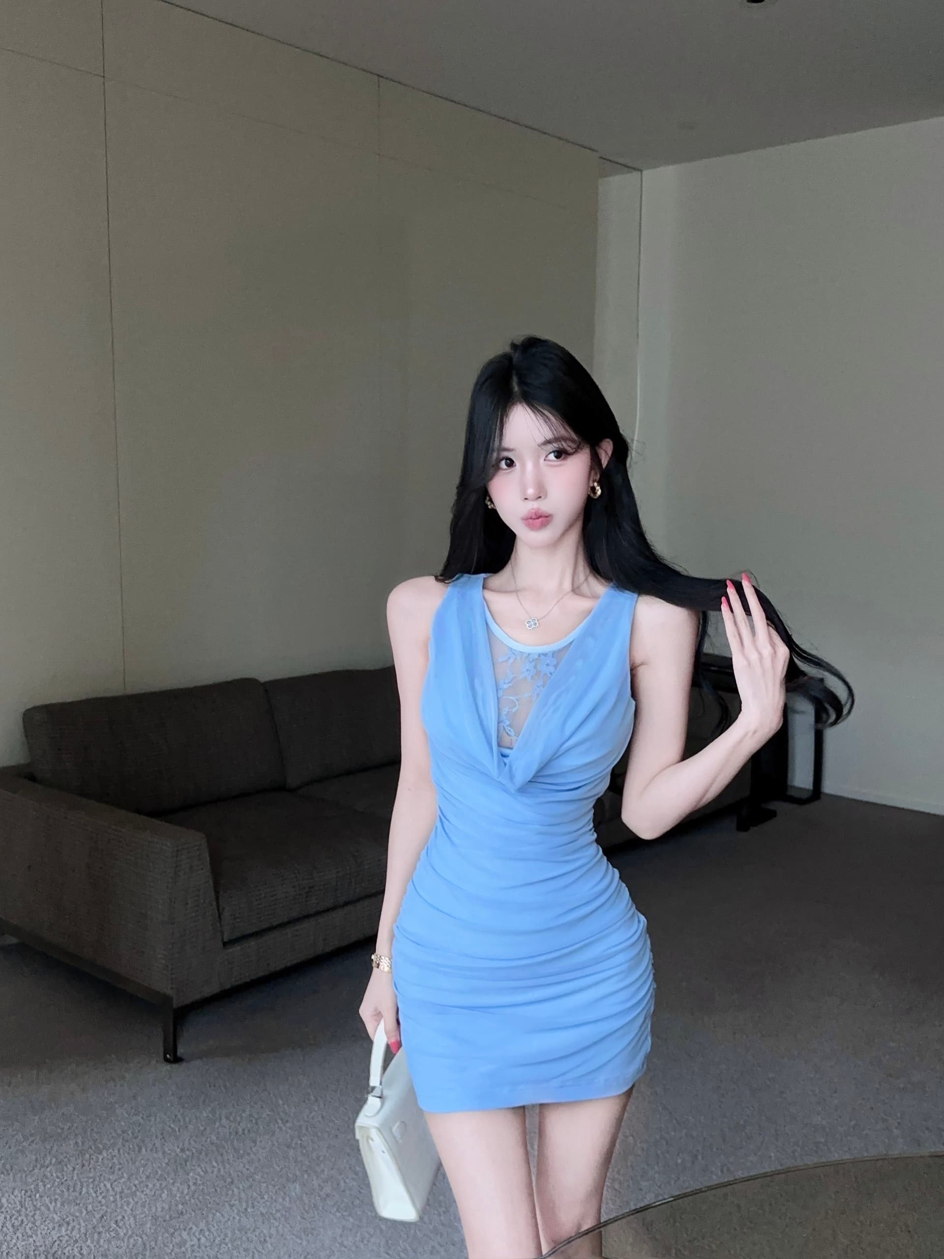실사 섹시함 순수한 욕망 핫걸 망사 패치워크 주름 장식 슬림해 보이는 드레스 상세 이미지 11