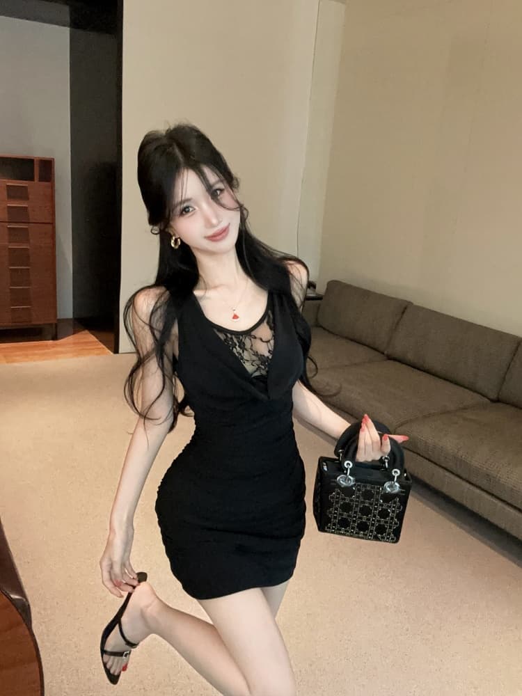 실사 섹시함 순수한 욕망 핫걸 망사 패치워크 주름 장식 슬림해 보이는 드레스 상세 이미지 27
