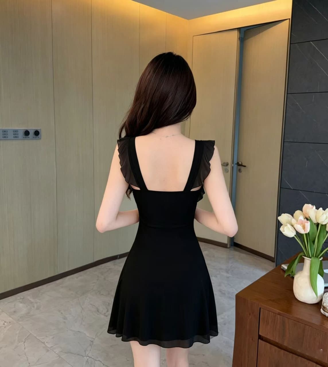 실사 섹시함 낮은 가슴 망사 프릴 큰 진자 드레스 상세 이미지 9