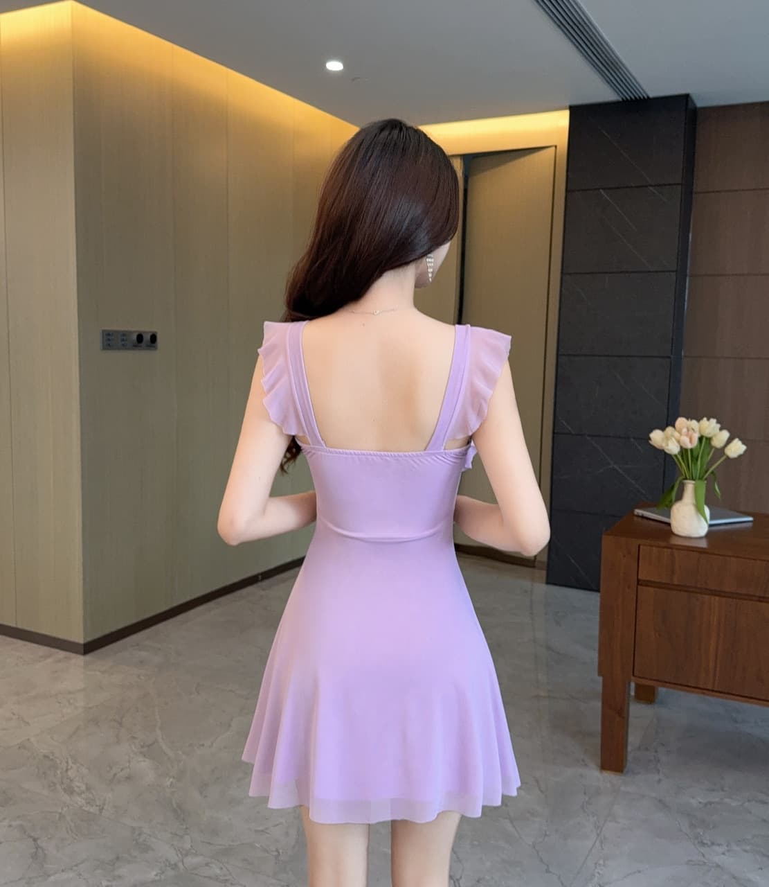 실사 섹시함 낮은 가슴 망사 프릴 큰 진자 드레스 상세 이미지 25
