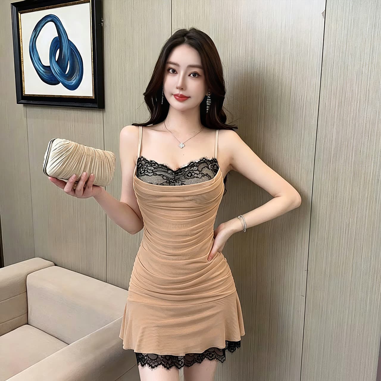 실사 섹시함 낮은 가슴 레이스 조각 망사 슬립 드레스 상세 이미지 1