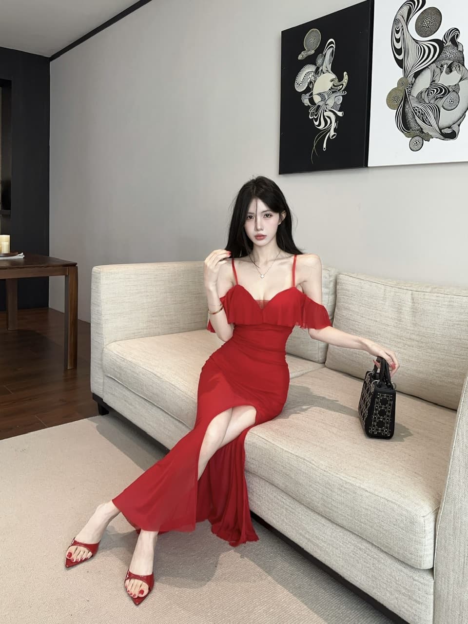 실사 낮은 가슴 오프숄더 슬립 중간 길이 망사 드레스 복장 상세 이미지 9