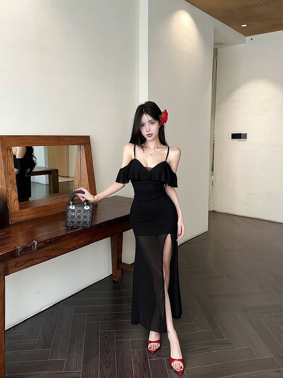 실사 낮은 가슴 오프숄더 슬립 중간 길이 망사 드레스 복장 상세 이미지 14