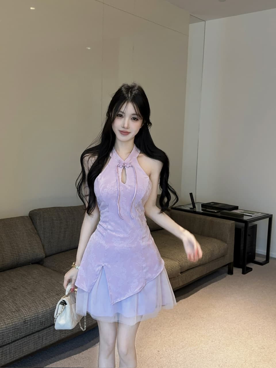 실사 오프숄더 섹시함 개선 레이스 조각 치파오 쇼트 스타일 드레스
