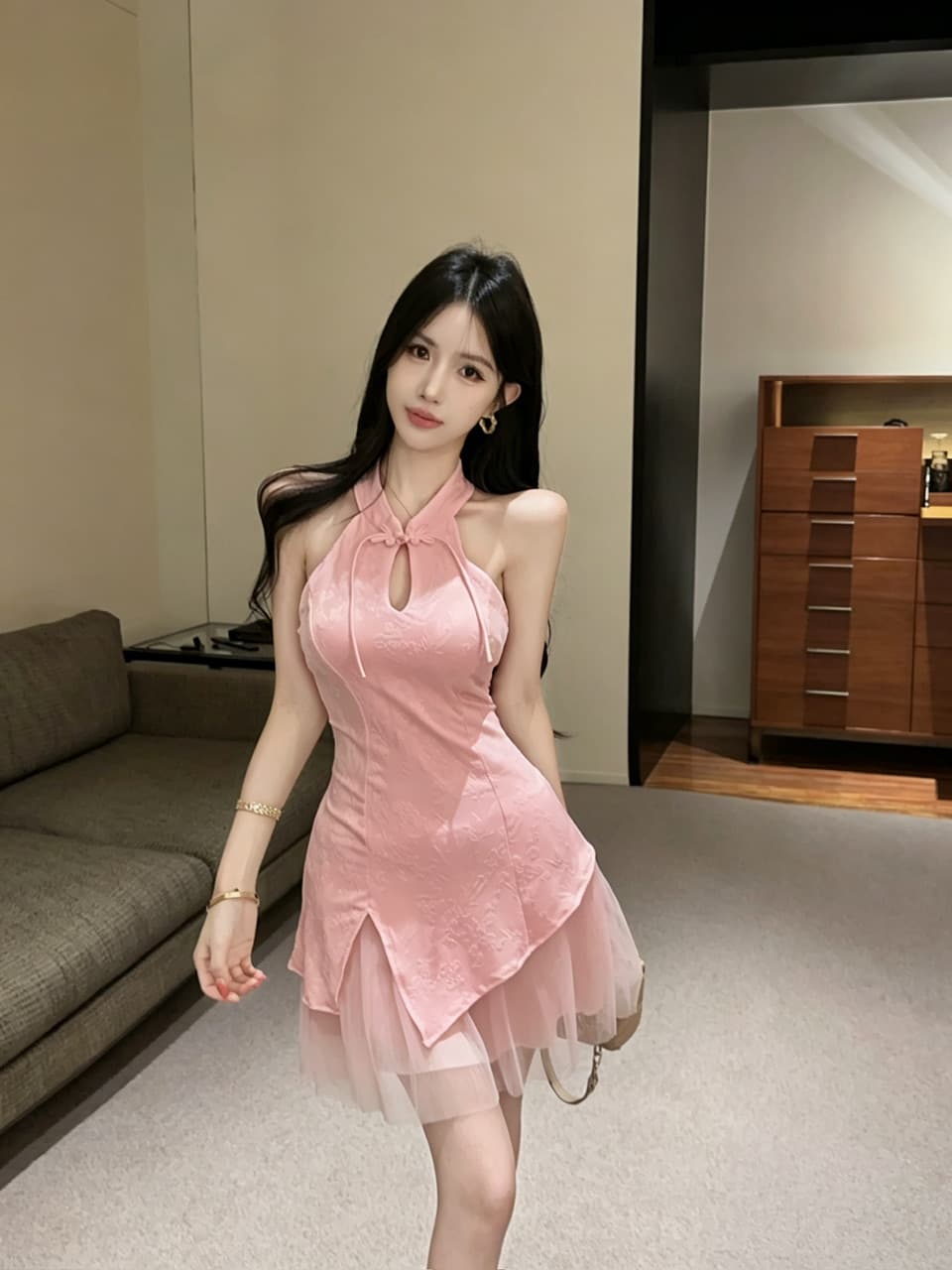 실사 오프숄더 섹시함 개선 레이스 조각 치파오 쇼트 스타일 드레스 상세 이미지 4