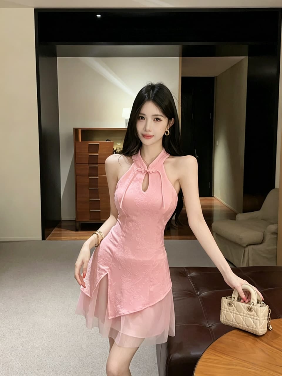 실사 오프숄더 섹시함 개선 레이스 조각 치파오 쇼트 스타일 드레스 상세 이미지 5