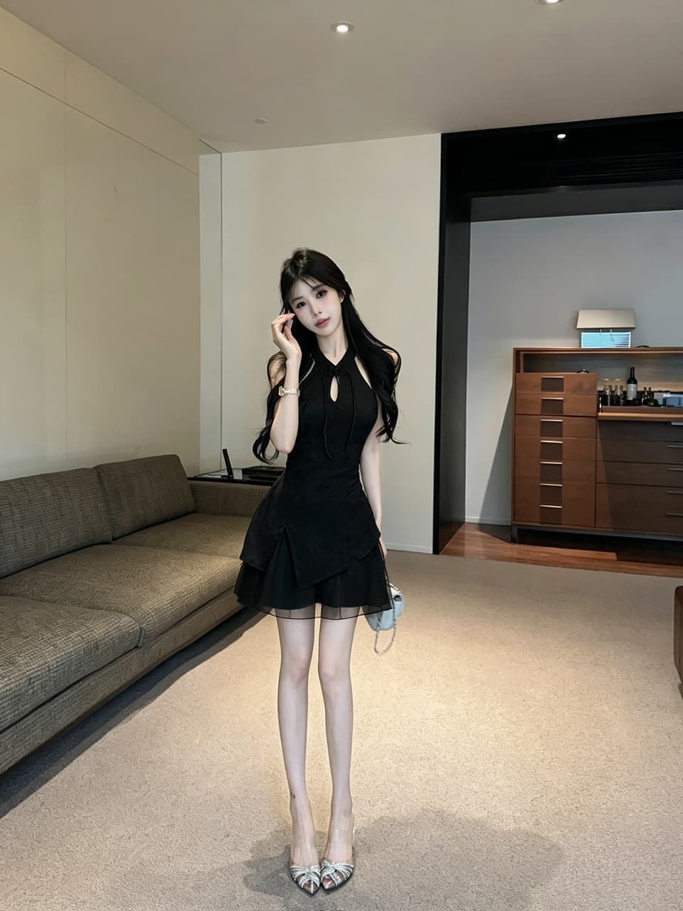 실사 오프숄더 섹시함 개선 레이스 조각 치파오 쇼트 스타일 드레스 상세 이미지 6