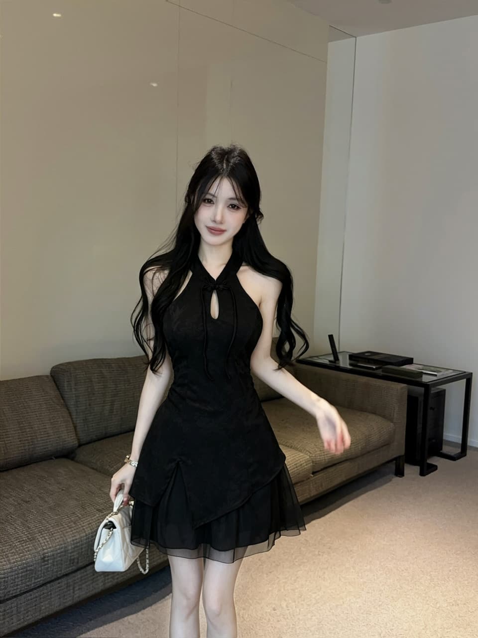 실사 오프숄더 섹시함 개선 레이스 조각 치파오 쇼트 스타일 드레스 상세 이미지 7