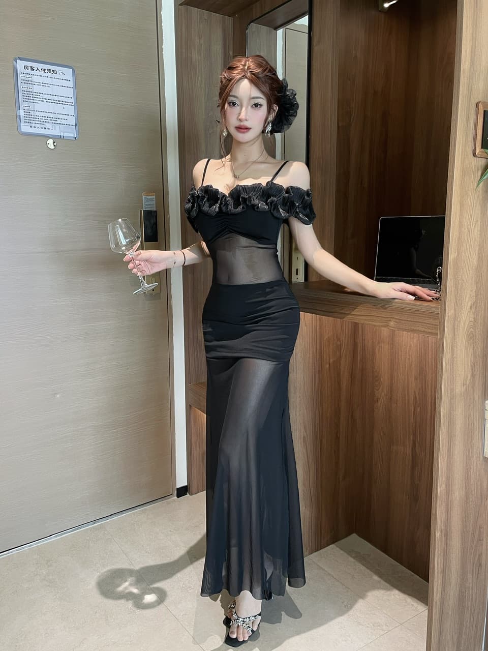 실사 망사 롱 코트 레이스 슬립 드레스 이미지 4