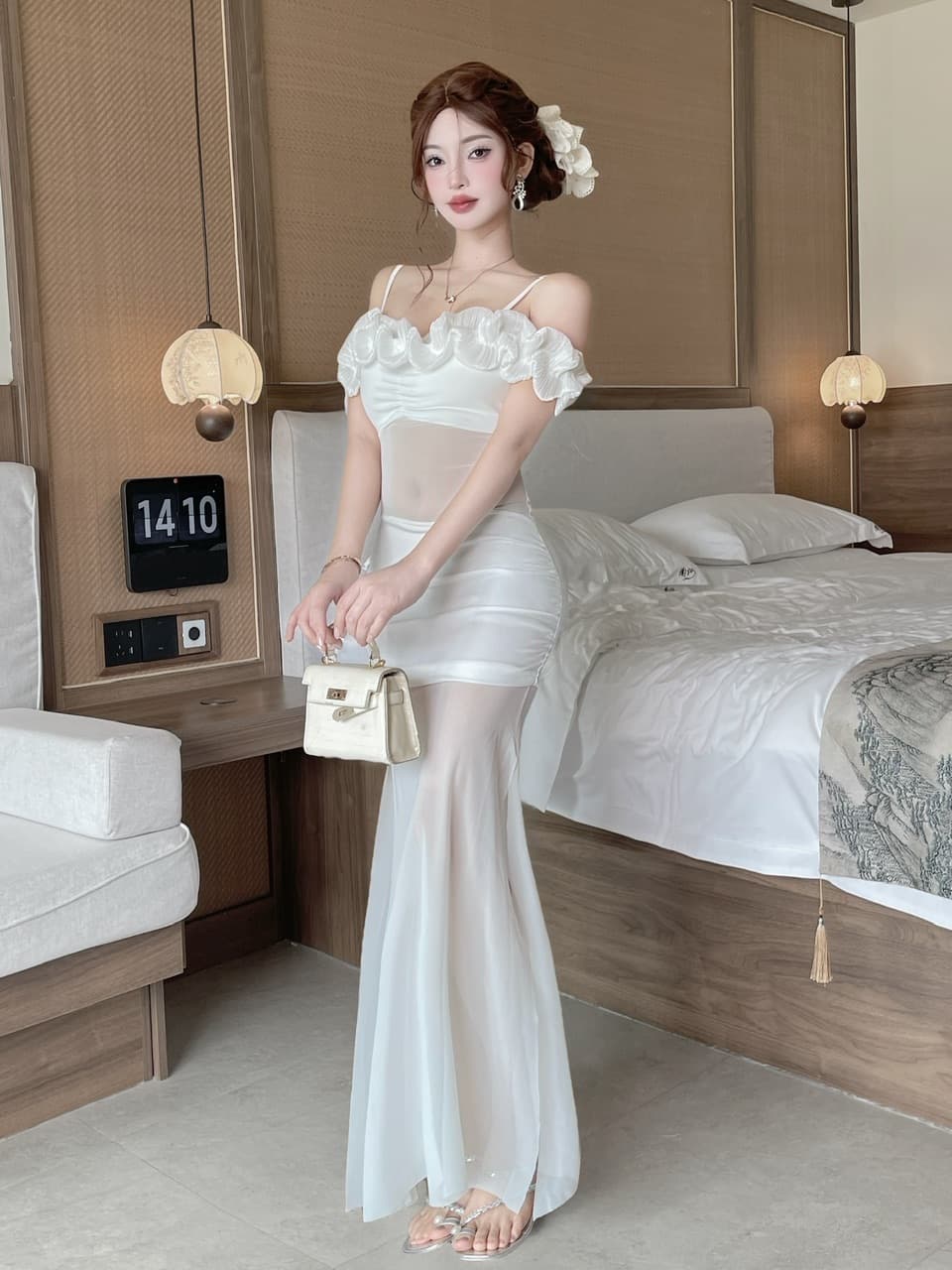 실사 망사 롱 코트 레이스 슬립 드레스 이미지 3