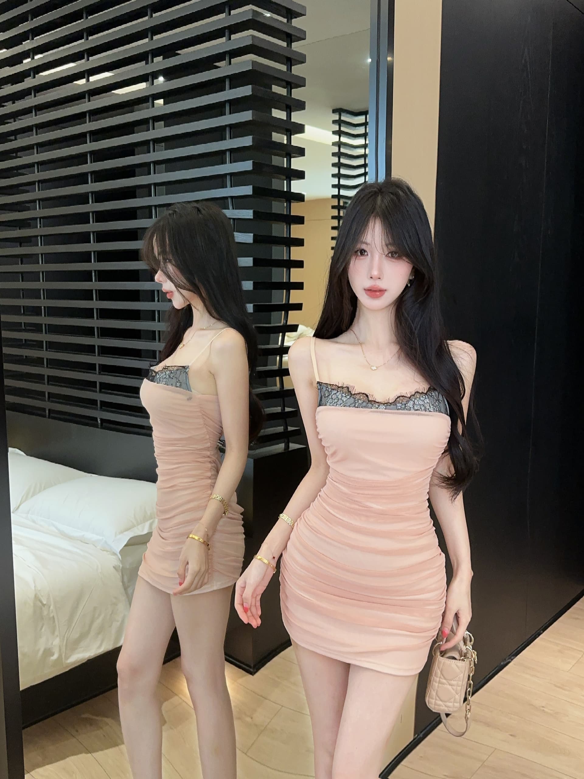 실사 망사 패치워크 레이스 섹시함 반팔 슬립 타이트 스커트 드레스 복장 상세 이미지 10