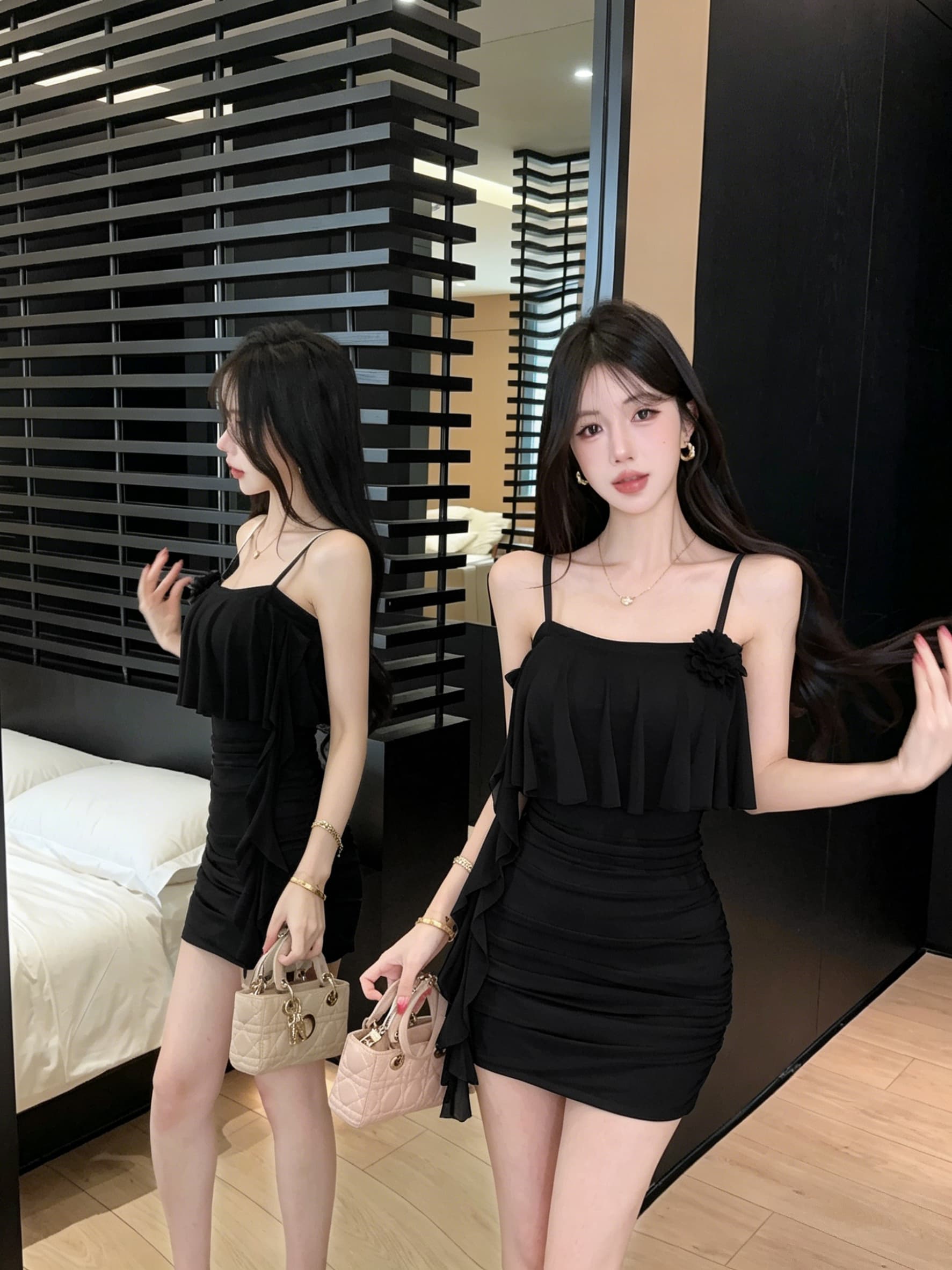 실사 망사 페이크 레이어드 꽃 패치워크 쇼트 스타일 드레스 복장 상세 이미지 11