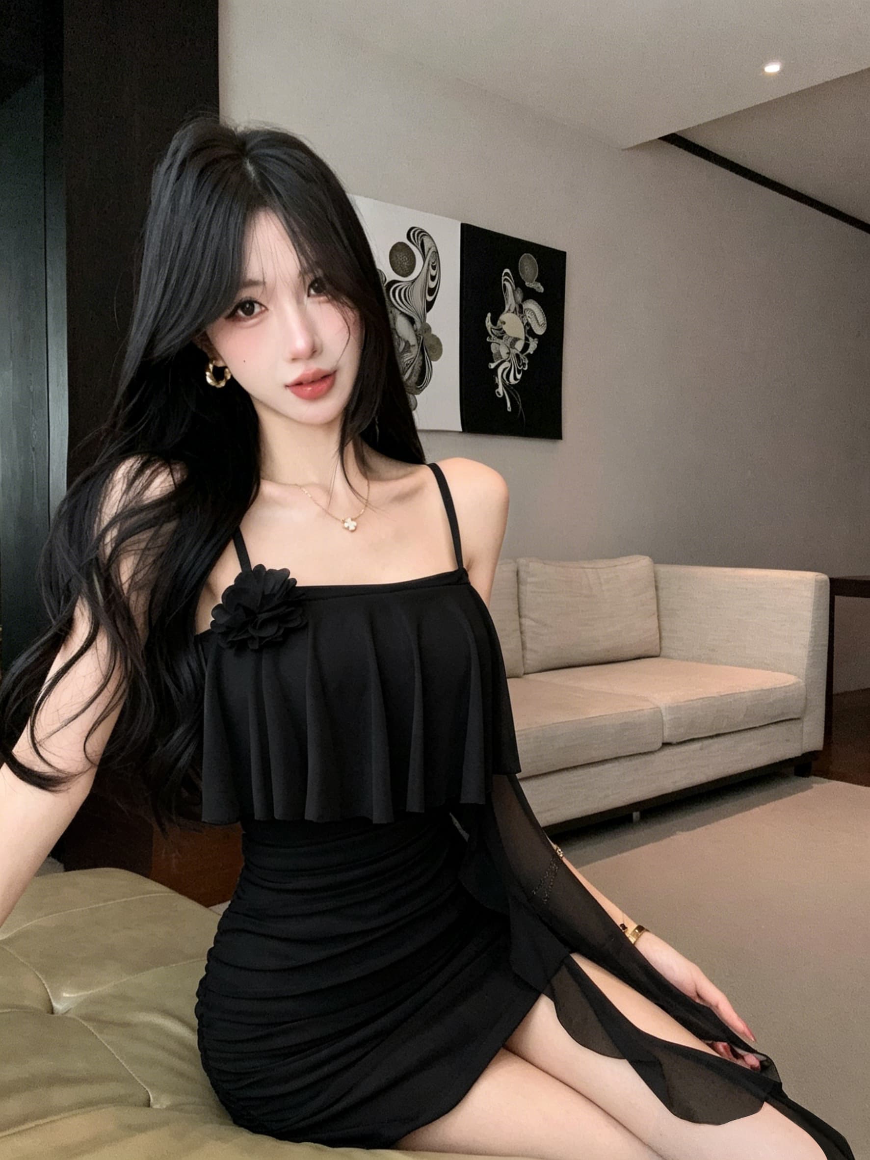 실사 망사 페이크 레이어드 꽃 패치워크 쇼트 스타일 드레스 복장 상세 이미지 15