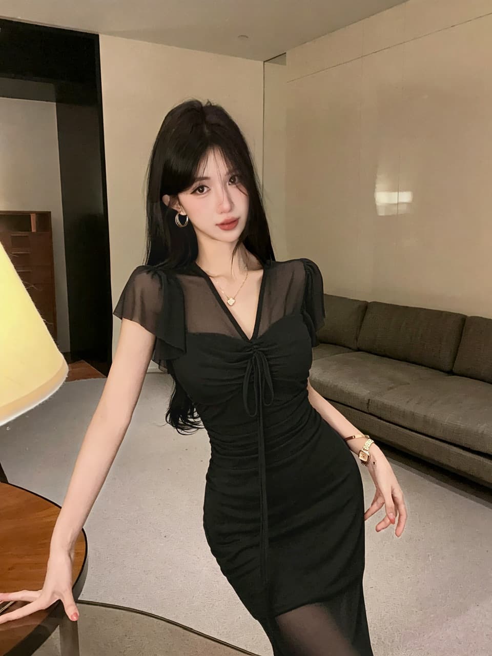 실사 망사 펌프 로프 롱 코트 반팔 드레스 복장 상세 이미지 8