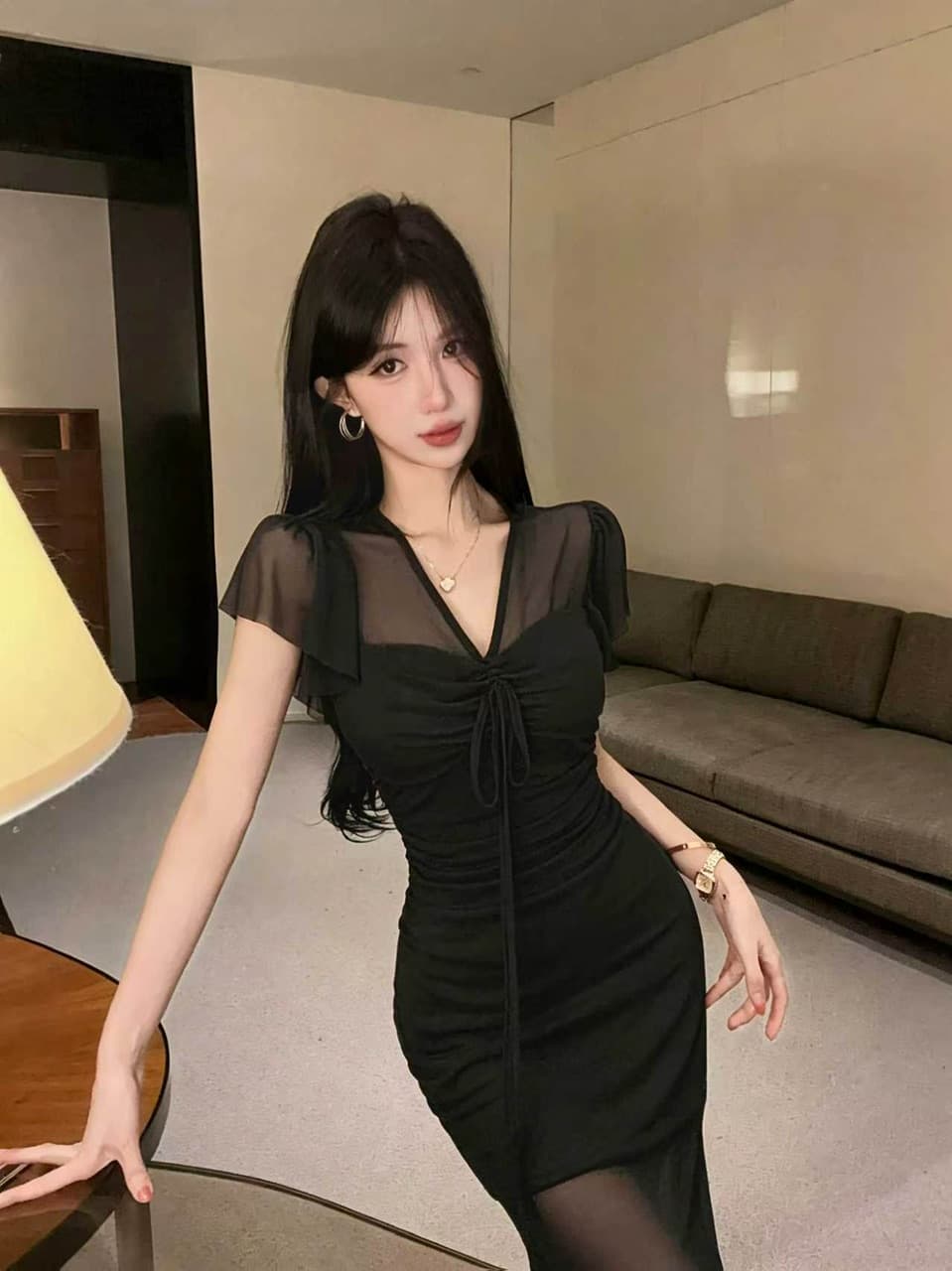 실사 망사 펌프 로프 롱 코트 반팔 드레스 복장 상세 이미지 9