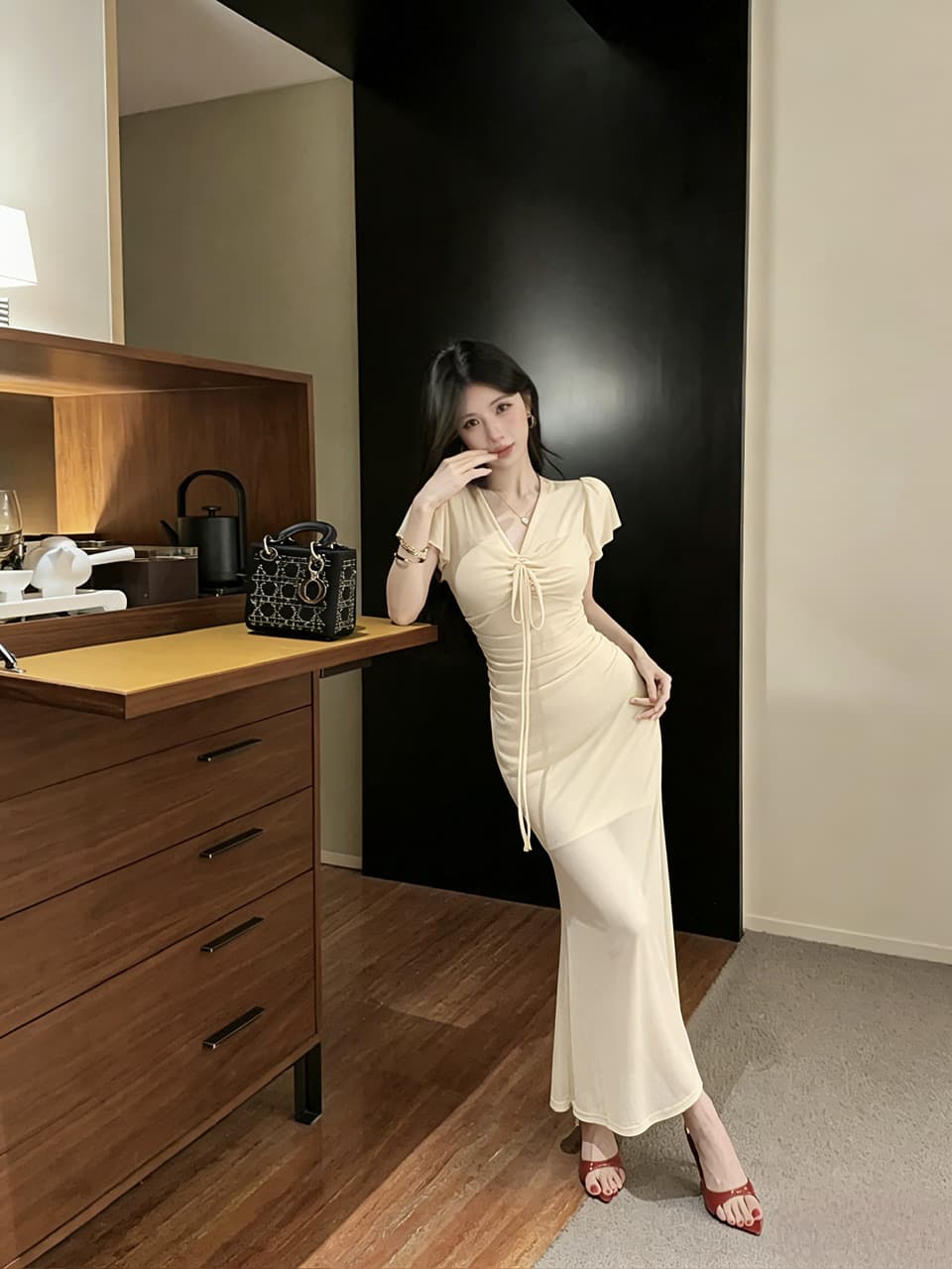 실사 망사 펌프 로프 롱 코트 반팔 드레스 복장 상세 이미지 11