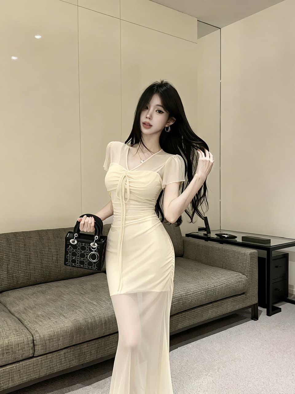 실사 망사 펌프 로프 롱 코트 반팔 드레스 복장 상세 이미지 13