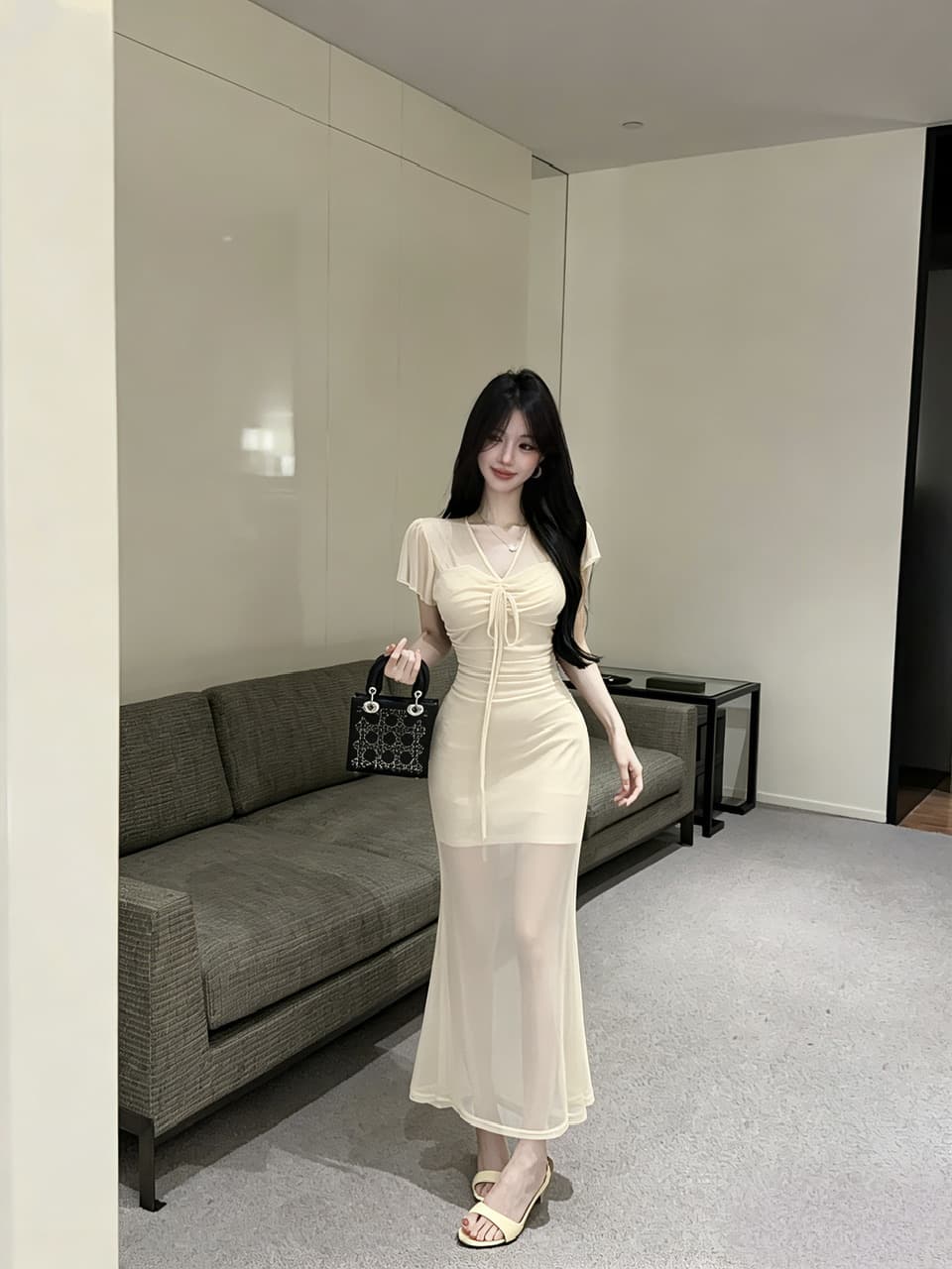 실사 망사 펌프 로프 롱 코트 반팔 드레스 복장 상세 이미지 14