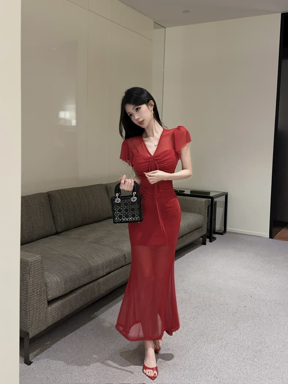 실사 망사 펌프 로프 롱 코트 반팔 드레스 복장 상세 이미지 17